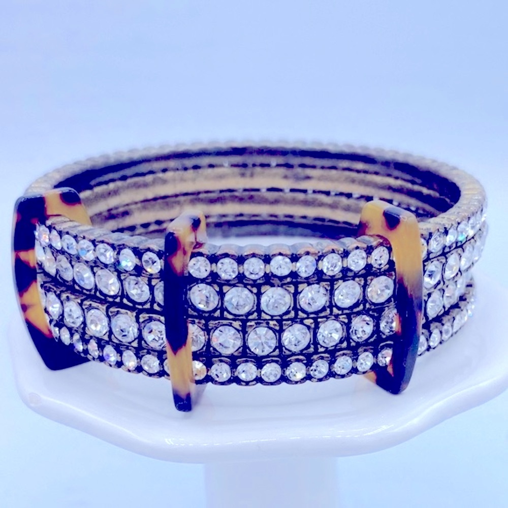 J Crew Rhinestone Layered Tortoise Sliding Bars Bangle Bracelet 7 3/4” Sparkle